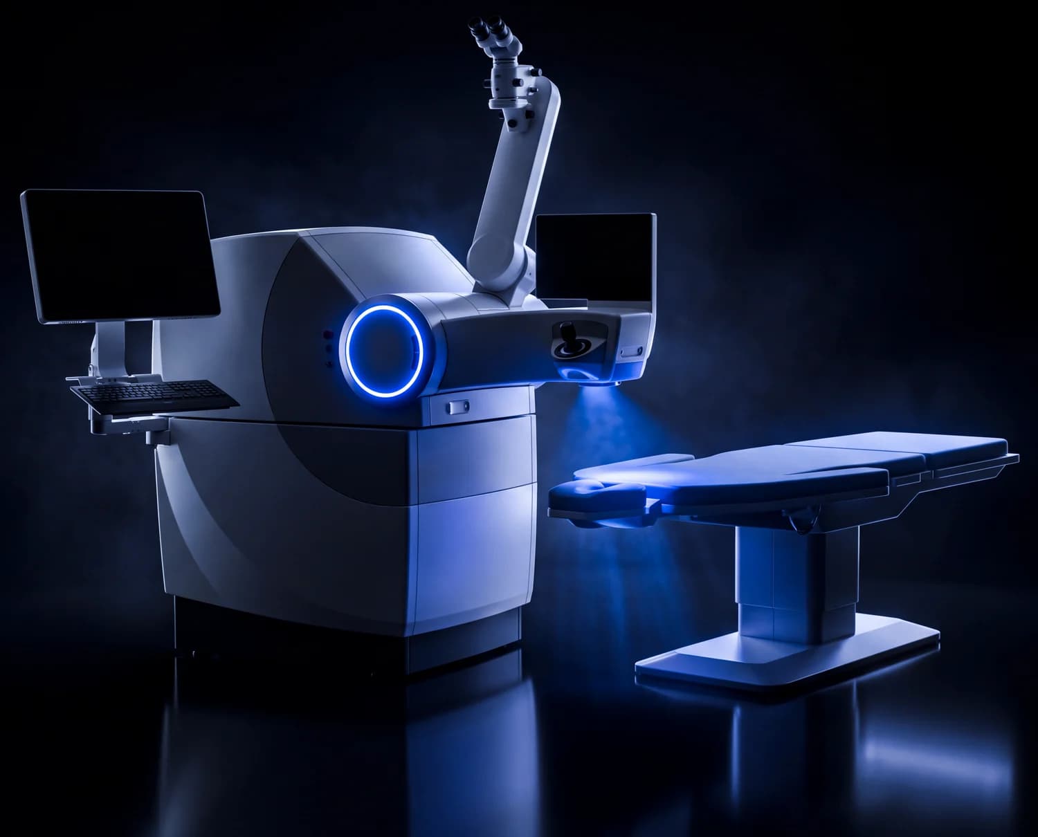 El láser de femtosegundo ZEISS VisuMax 800 y su camilla, iluminados en azul en una sala de tratamiento a oscuras